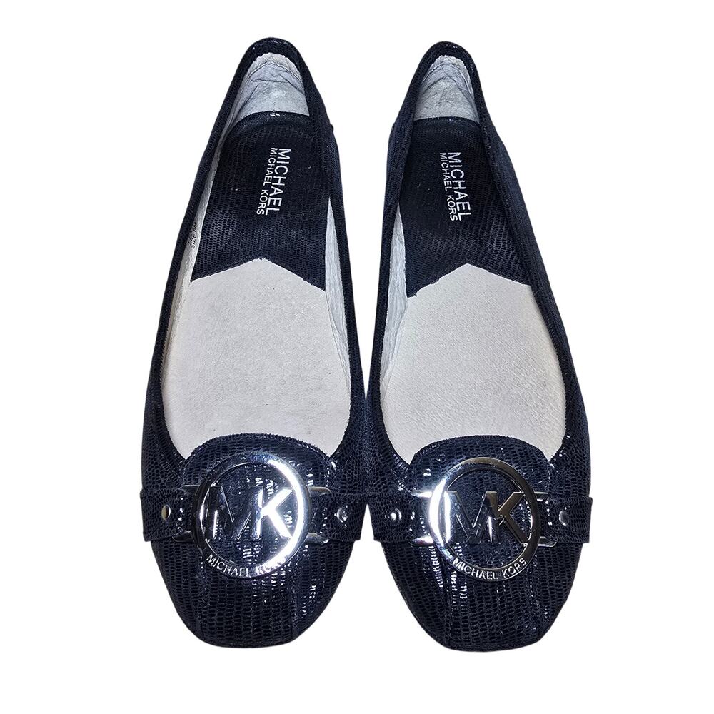 Michael Kors 6M Black Leather Ballet Flats Slip On Logo Rubber Soles Msrp $110